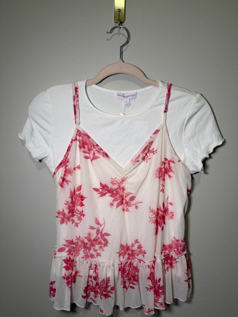 Honey & Sparkle White Tee Layered with Pink Floral Cami